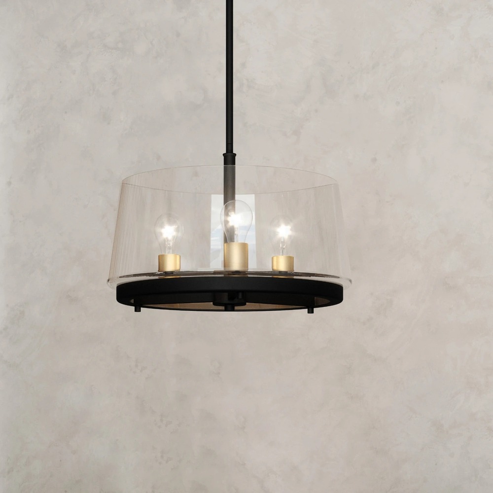 Quoizel Whitlock 3-Light Drum Pendant Matte Black Brass Glass LWS7243C